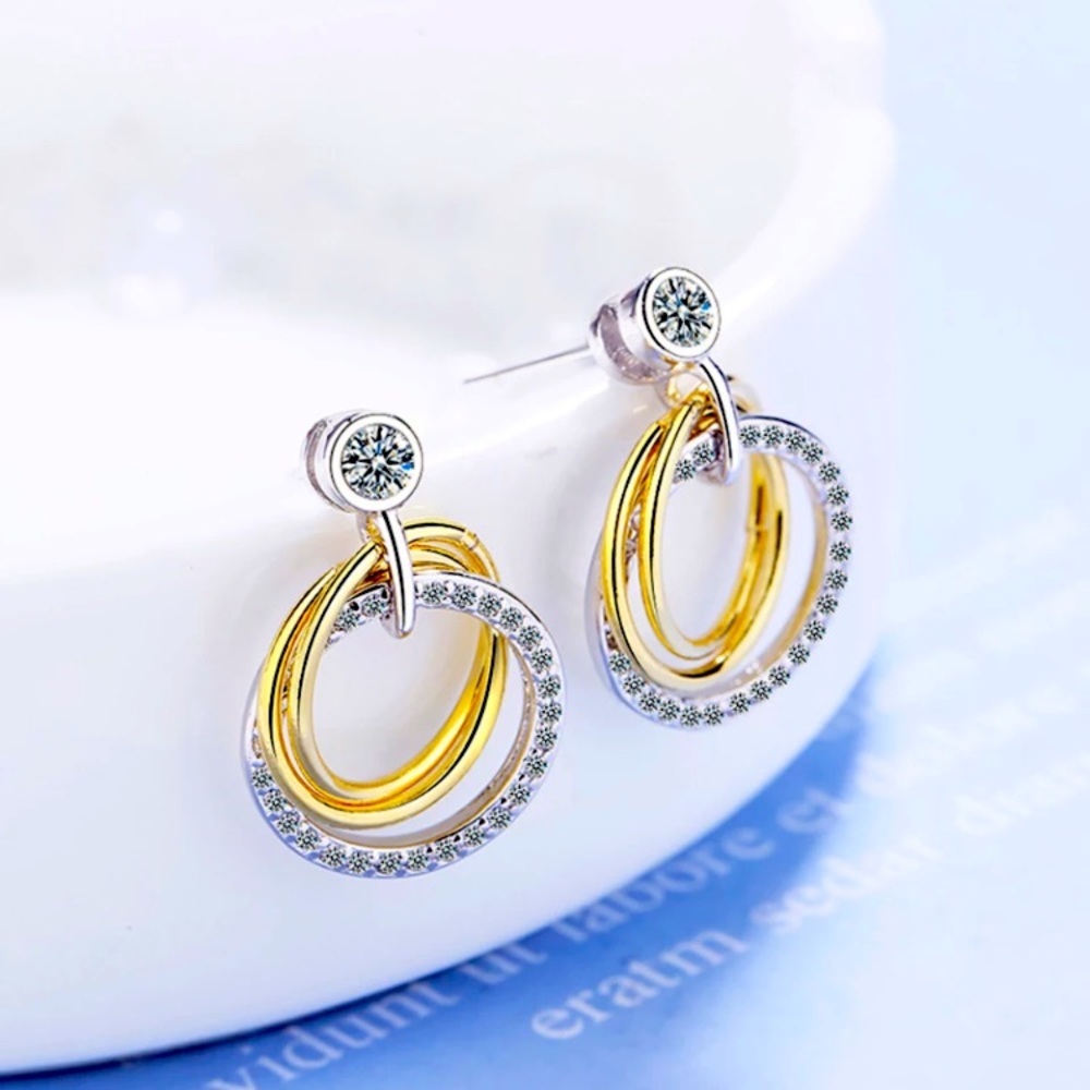 🌟 Sterling Silver Diamond Circle Earrings Two Tone